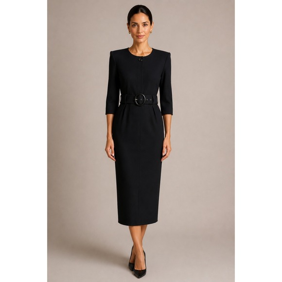 Cimmaron Dress Dresses & Skirts - 80s Black Belted Midi Dress Pockets Minimalist Career USA Womens 10